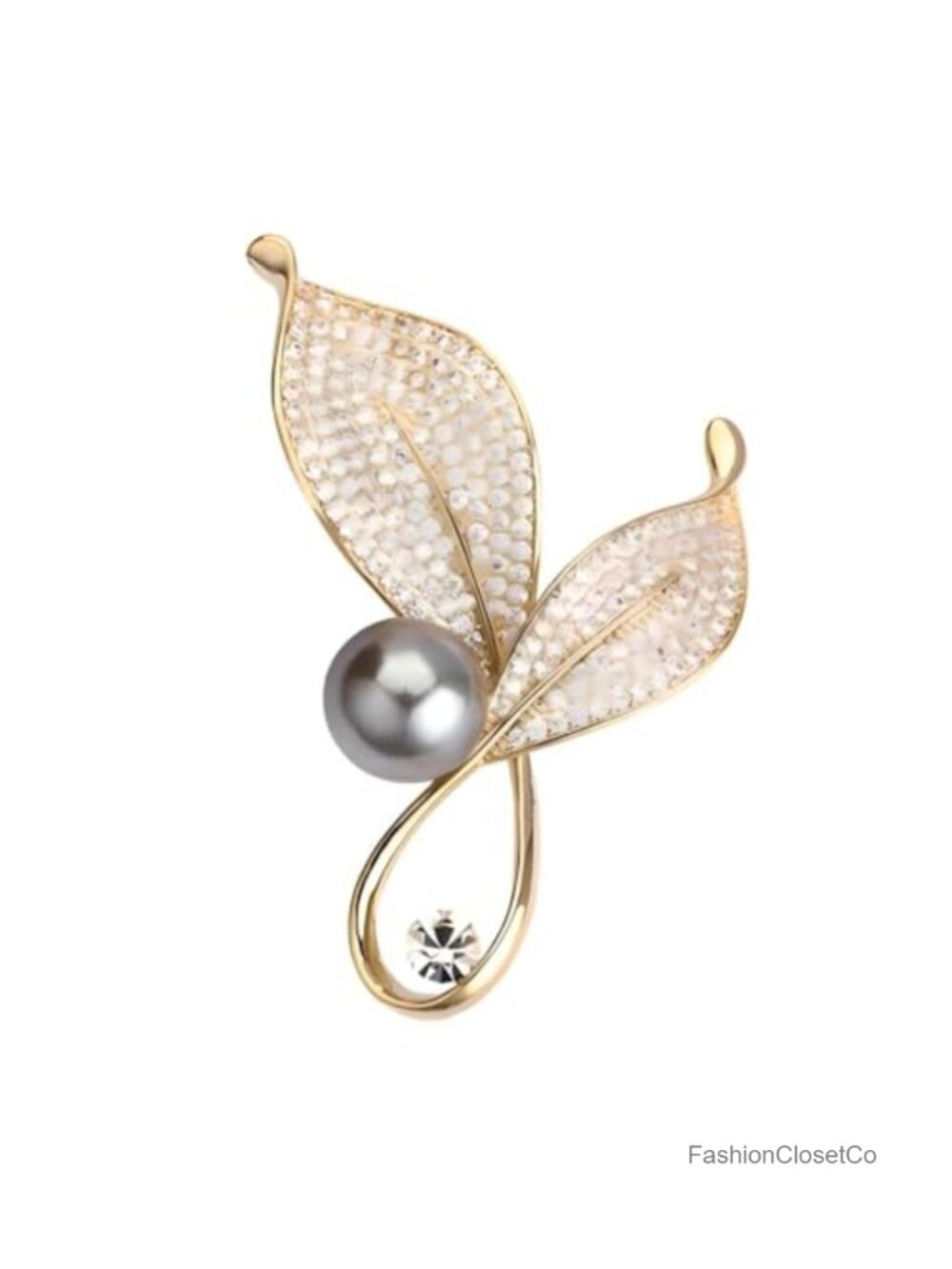Gold-Plated Crystal Leaf Brooch Pin with Grey Pearl, Rhinestone Fashion